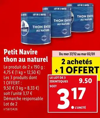 Lidl Petit Navire thon au naturel offre