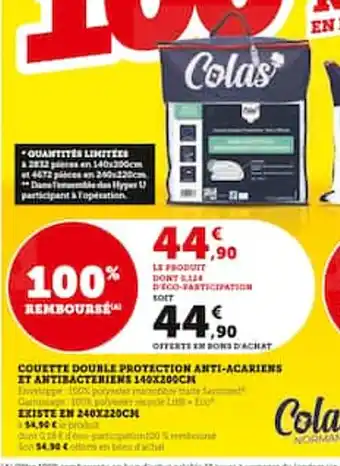 Hyper U Couette double protection anti-acariens offre