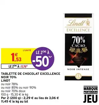 Intermarché TABLETTE DE CHOCOLAT EXCELLENCE NOIR 70% LINDT offre