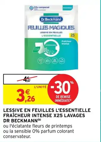 Intermarché LESSIVE EN FEUILLES L'ESSENTIELLE FRAÎCHEUR INTENSE X25 LAVAGES DR BECKMANN(b) offre