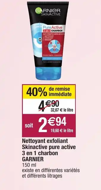 Nettoyant exfolianat Skinactive pure active 3 en 1 charbon garnier
