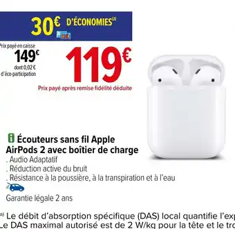 Carrefour i Écouteurs sans fil Apple AirPods 2 avec boîtier de charge offre