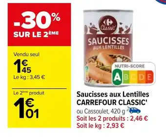 Carrefour Saucisses aux Lentilles CARREFOUR CLASSIC' offre