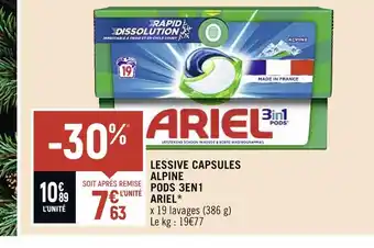 Petit Casino Ariel lessive capsules alpine pods 3en1 offre