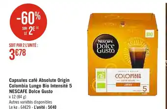 Casino Supermarchés Nescafe capsules café absolute origin colombia lungo bio intensité 5 dolce gusto offre