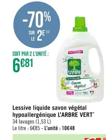 Casino Supermarchés L’arbre vert lessive liquide savon végétal hypoallergénique offre