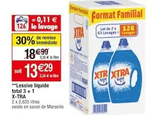Cora x Carrefour X-tra **lessive liquide total 3 + 1 offre