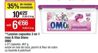 Cora x Carrefour Omo **lessive capsules 3 en 1 rose & lilas blanc offre