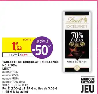 Intermarché Lindt tablette de chocolat excellence noir 70% offre