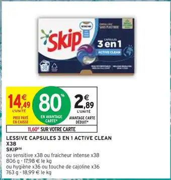 Intermarché Skip lessive capsules 3 en 1 active clean x38 (b) offre