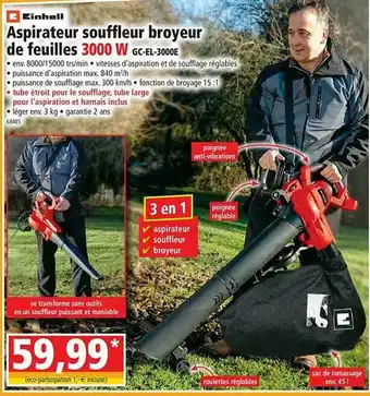 Aspirateur Souffleur Broyeur De Feuilles 3000 W Gc-el-3000e Einhell
