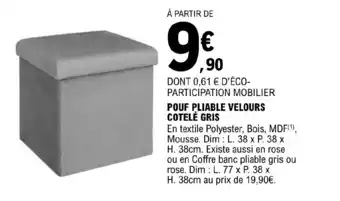 E.Leclerc POUF PLIABLE VELOURS COTELÉ GRIS offre