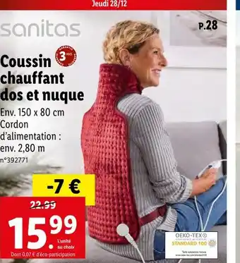 Lidl Sanitas coussin chauffant dos et nuque offre
