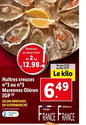 Lidl Huîtres creuses n°3 ou n°3 marennes oléron igp offre