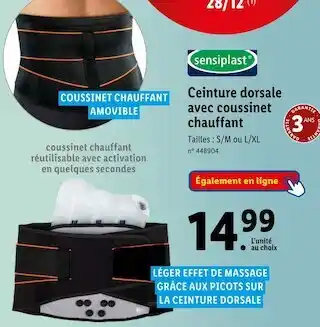 Promo Sensiplast ceinture dorsale avec coussinet chauffant chez Lidl