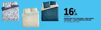 E.Leclerc PARURE DRAP PLAT 240X300CM + DRAP HOUSSE 140X190CM + 2 TAIES D'OREILLER 63X63CM 52% polyester 48% coton. offre