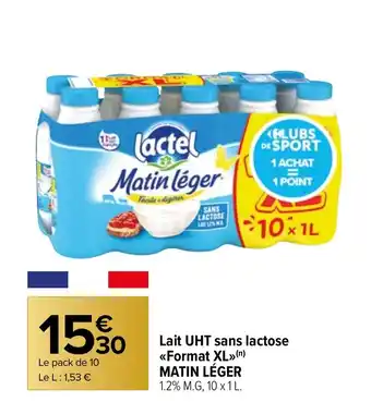 Lait UHT sans lactose <<Format XL»>(n) MATIN LĂGER 1.2% M.G, 10 x 1 L.