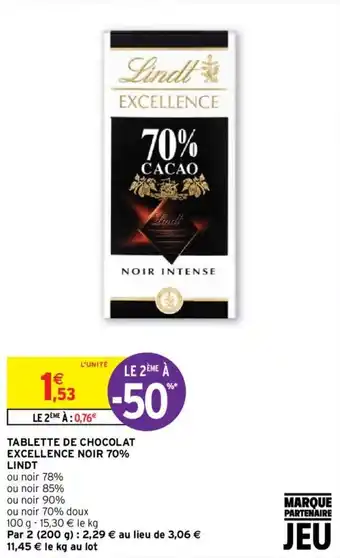 Intermarché Hyper TABLETTE DE CHOCOLAT EXCELLENCE NOIR 70% LINDT offre