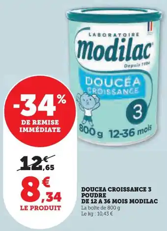 Hyper U DOUCEA CROISSANCE 3 POUDRE DE 12 A 36 MOIS MODILAC offre