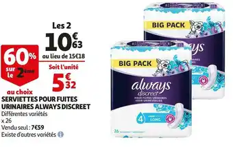 Auchan Always serviettes pour fuites urinaires discreet offre