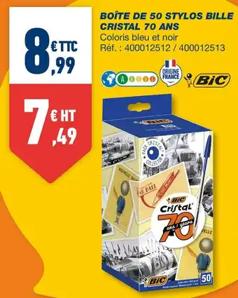 Bureau Vallée Bic boîte de 50 stylos bille cristal 70 ans offre