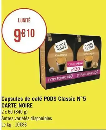 Géant Casino Carte noire capsules de café pods classic n°5 offre
