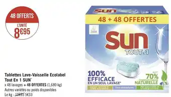 Géant Casino Sun tablettes lave-vaisselle ecolabel tout en 1* offre