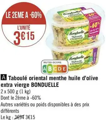 Géant Casino Bonduelle taboulé oriental menthe huile d’olive extra vierge offre