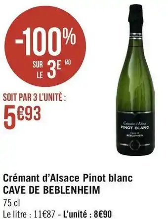 Géant Casino Cave de beblenheim crémant d’alsace pinot blanc offre