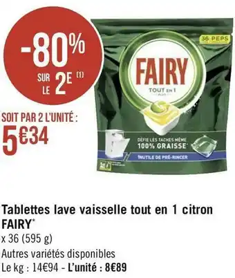 Géant Casino Fairy tablettes lave vaisselle tout en 1 citron* offre