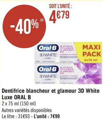 Oral-b dentifrice blancheur et glamour 3d white luxe