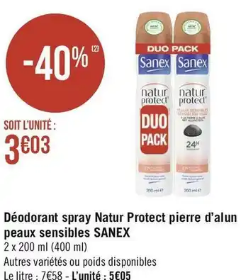 Géant Casino Sanex déodorant spray natur protect pierre d’alun peaux sensibles offre