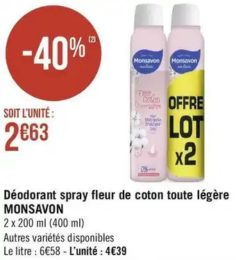 Géant Casino Monsavon déodorant spray fleur de coton toute légère offre