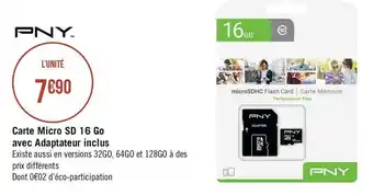 Géant Casino Pny carte micro sd 16 go avec adaptateur inclus offre