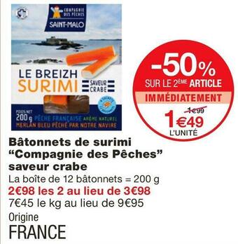 Monoprix Compagnie des pêches bâtonnets de surimi saveur crabe offre