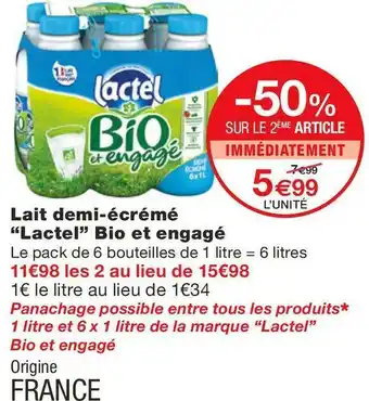 Monoprix Lactel lait demi-écrémé bio et engagé offre
