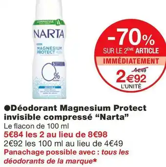 Monoprix Narta déodorant magnesium protect invisible compressé offre