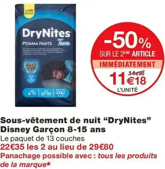 Monoprix Drynites sous-vêtement de nuit disney garçon 8-15 ans offre