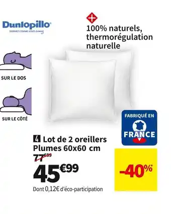 Conforama Dunlopillo lot de 2 oreillers plumes 60x60 cm offre