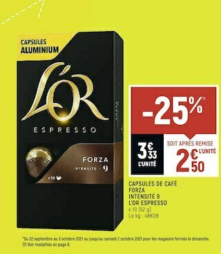 Spar L’or espresso capsules de café forza intensité 9 offre