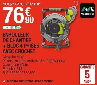 Masterplug enrouleur de chantier + bloc 4 prises avec crochet