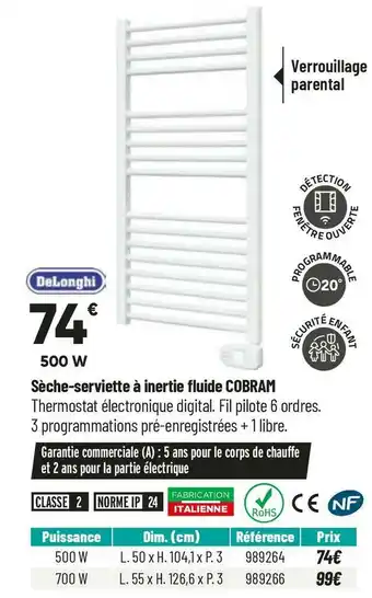 Bricorama Delonghi sèche-serviette inertie fluide cobram offre