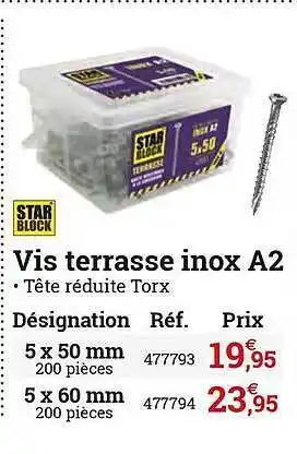 Espace emeraude Vis Terrasse Inox A2 Star Block offre