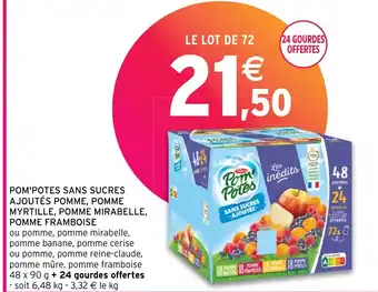 Intermarché POM'POTES SANS SUCRES AJOUTÉS POMME, POMME MYRTILLE, POMME MIRABELLE, POMME FRAMBOISE offre