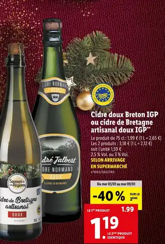 Lidl Cidre doux Breton IGP ou cidre de Bretagne artisanal doux IGP** offre