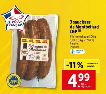 Lidl 3 saucisses de Montbéliard IGP offre