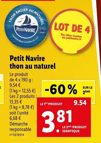 Lidl Petit Navire thon au naturel offre