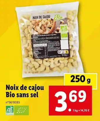 Lidl Noix de cajou Bio sans sel offre