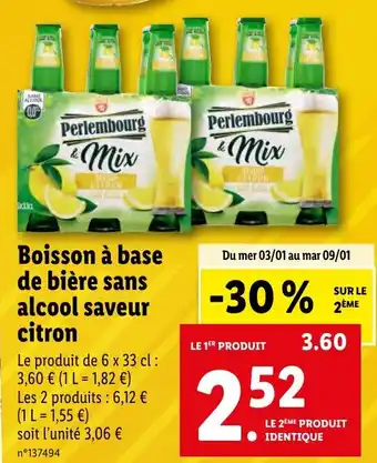 Lidl Boisson à base de bière sans alcool saveur citron offre