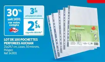 Auchan LOT DE 100 POCHETTES PERFOREES AUCHAN offre
